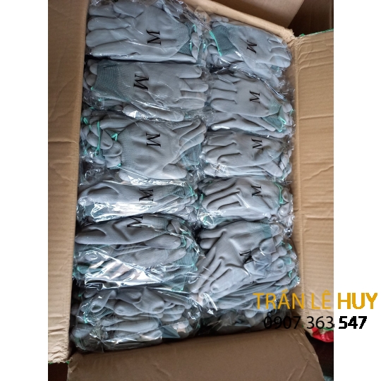 Găng tay sợi Polyester phủ PU lòng bàn xám